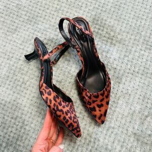open edit leopard print slingback pointed toe kitten heel mules wmns 8 brown